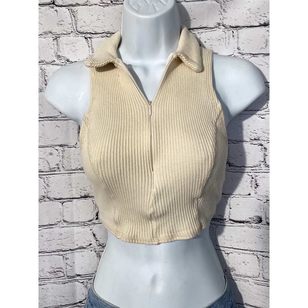 Urban Outfitters Ribbed Knit Crop Top Cream Ivory Sleeveless Tank Small
